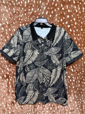 Men's Black Polo Shirt with Cream Leaf Print